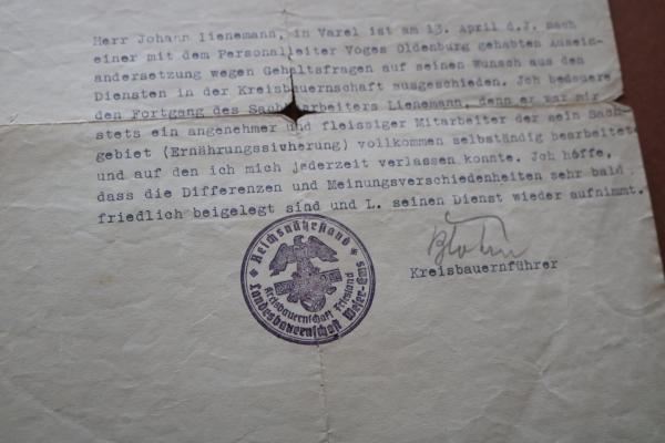 altes Arbeitszeugnis ?  Reichsnährstand - Blut und Boden - Varel 1939